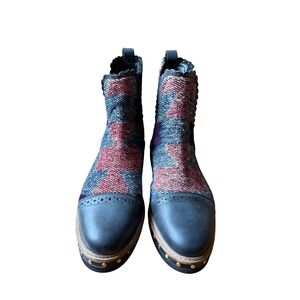 New Free People Studded Leather Textile‎ Ankle Boots Blue Red Sz 40